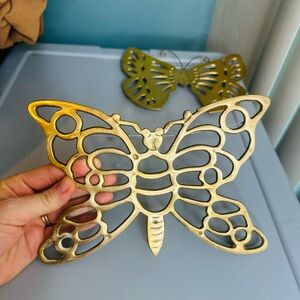 Set of 2 Vintage Brass Butterfly Trivet Set Hot Plate Wall Hanger